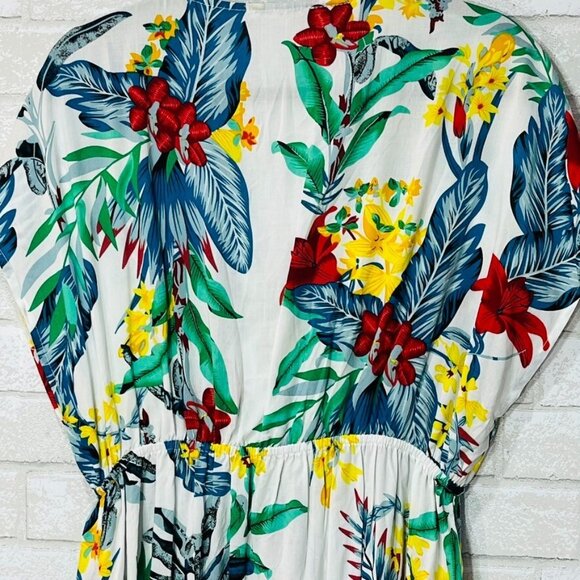 Tropical Rayon Floral Button Midi Dress Size Large Vacation Resort Boho Beachy - Picture 6 of 12